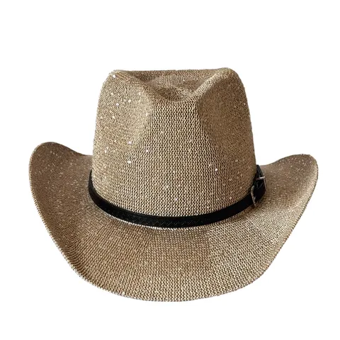 Retro Polyester Sequin Western Cowboy Hat Unisex Breathable Wide Brim Sun Protection Jazz Fedora Hat Casual Travel Party