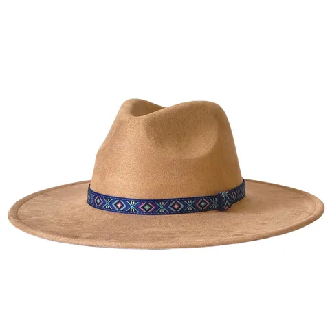 Vintage Etnische Brede Rand Polyester Fedora Hoed Voor Dames Heren Geometrische Geweven Band Jazz Suede Look Panama Hoed Outdoor Zonbescherming