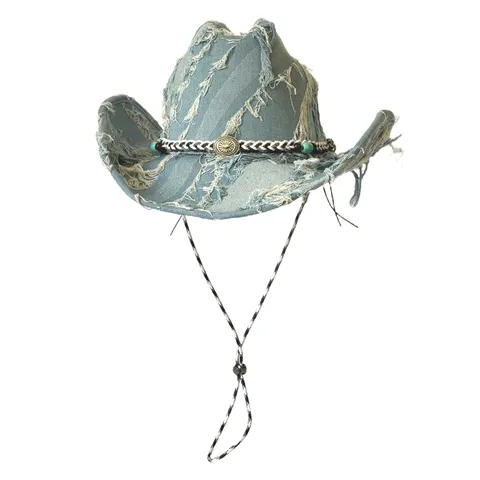 Vintage Western Cowboy Hat For Men Women Distressed Denim Wide Brim Sun Hat With Braided Bead Strap Outdoors Casual Travel Fedora