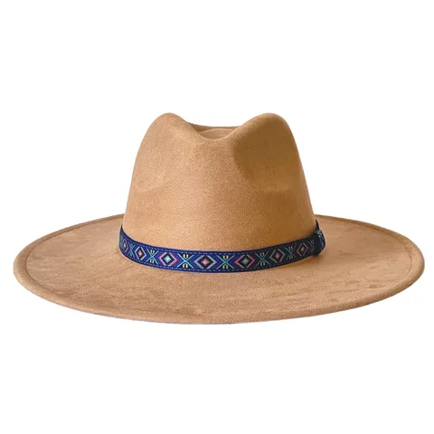 Vintage Etnische Brede Rand Polyester Fedora Hoed Voor Dames Heren Geometrische Geweven Band Jazz Suede Look Panama Hoed Outdoor Zonbescherming