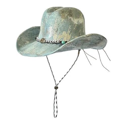 Vintage Western Cowboy Hat Polyester Wide Brim Sequin Jazz Hat With Adjustable Windproof Rope For Party Outdoor Unisex Sunshade Headwear