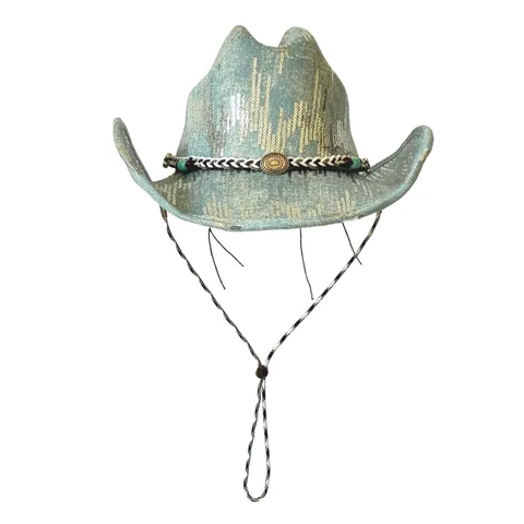 Vintage Western Cowboy Hat Polyester Wide Brim Sequin Jazz Hat With Adjustable Windproof Rope For Party Outdoor Unisex Sunshade Headwear