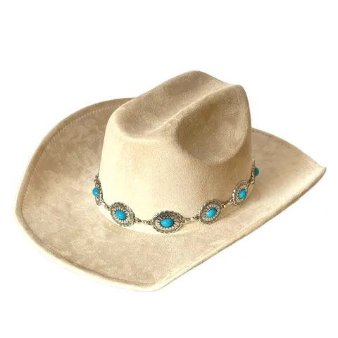 Chapeau de Cowboy Western Vintage en Faux Daim Avec Bandeau en Turquoise Large Bord Chapeau de Soleil Jazz pour Hommes Femmes
