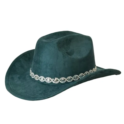 Vintage Polyester Cowboy Hat With Rhinestone Chain Decor Elegant Wide Brim Faux Suede Jazz Party Hat For Adults Fashion Dress Up Accessory