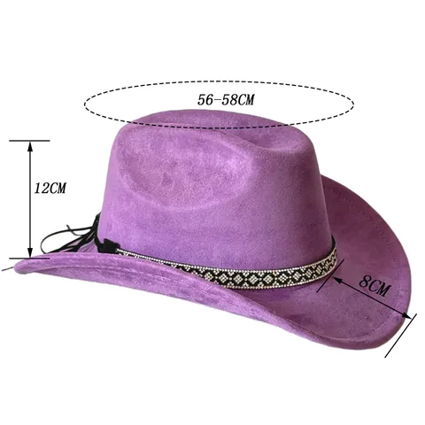 Vintage Polyester Faux Suede Western Cowboy Hat With Sparkling Rhinestone Chain Decorative Wide Brim Party Dress Hat For Men Women