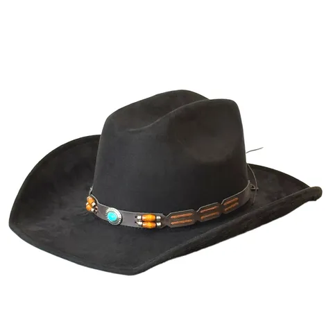 Chapeau de Cowboy Western en Suédine Polyester Vintage Grand Bord Jazz Fedora Avec Bande en Cuir Turquoise pour Hommes Femmes Plein Air