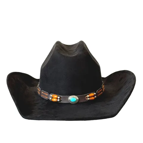 Chapeau de Cowboy Western en Suédine Polyester Vintage Grand Bord Jazz Fedora Avec Bande en Cuir Turquoise pour Hommes Femmes Plein Air