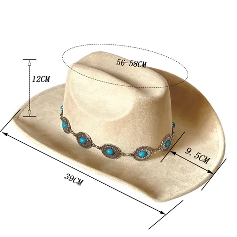 Chapeau de Cowboy Western Vintage en Faux Daim Avec Bandeau en Turquoise Large Bord Chapeau de Soleil Jazz pour Hommes Femmes