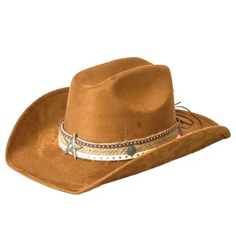 Vintage Faux Suede Cowboy Hat Wide Brim Five-Pointed Star Decor Fedora Jazz Hat For Men Women Outdoor Western Knight Hat Gift