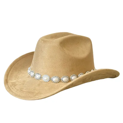 Cappello da Cowboy Occidentale Vintage Per Uomo Donna Tinta Unita Poliestere Scamosciato Jazz Fedora Cappello Festa Parasole Ala Larga Con Catena Conchiglie Perle Artificiali