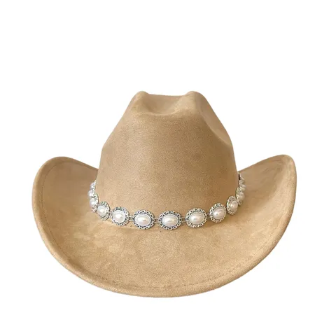 Cappello da Cowboy Occidentale Vintage Per Uomo Donna Tinta Unita Poliestere Scamosciato Jazz Fedora Cappello Festa Parasole Ala Larga Con Catena Conchiglie Perle Artificiali