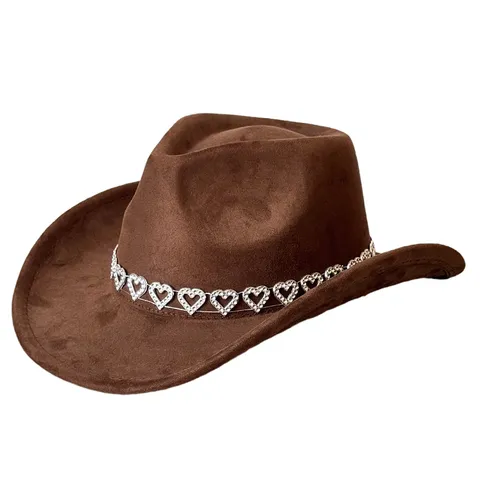 Vintage Polyester Faux Suede Cowboy Hat For Women Men Wide Brim Fedora With Rhinestone Heart Chain Party Jazz Hat Sun Shade Casual Hat