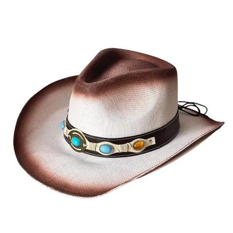 Chapeau de Cowboy Occidental en Paille de Papier Dégradé Tie-Dye Avec Bandeau Ethnique Turquoise Unisexe Large Bord Soleil Jazz Fedora