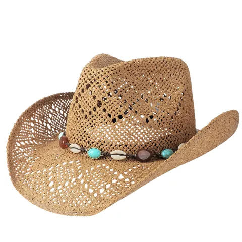 Chapeau de Cowboy en Paille de Papier Ajouré Bohème Pour Hommes Femmes Grand Bord Protection Solaire Perlé Coquillage Chapeau de Paille de Plage Western
