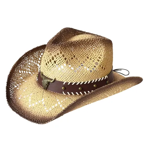 Chapeau de Cowboy Occidental Vintage en Paille de Papier Ajouré Grand Bord Protection Solaire Été avec Bande en Cuir Tête de Taureau