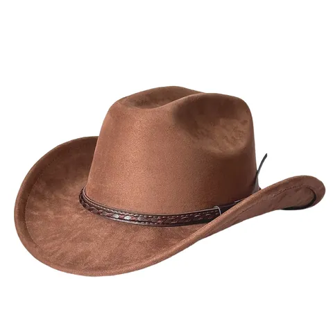 Cappello da Cowboy Occidentale Retrò in Finta Pelle Scamosciata Tesa Larga Curva Fedora Con Fascia in Pelle Cappello da Sole da Outdoor per Uomo Donna