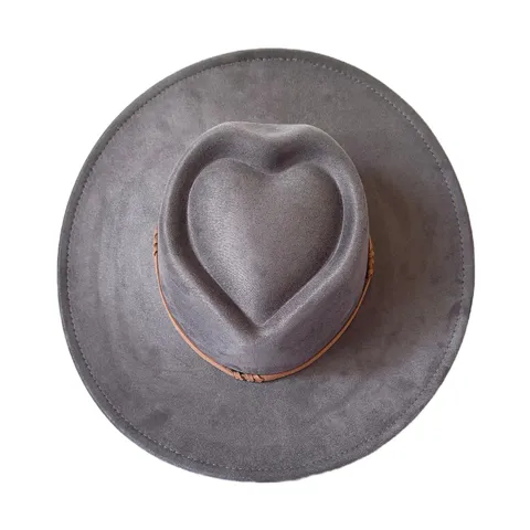 Chapeau Feutre Vintage À Large Bord Avec Couronne En Forme De Cœur Pour Femmes Hommes Imitation Daim Couleur Unie Chapeau Jazz Occidental Église