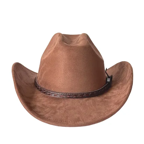 Cappello da Cowboy Occidentale Retrò in Finta Pelle Scamosciata Tesa Larga Curva Fedora Con Fascia in Pelle Cappello da Sole da Outdoor per Uomo Donna