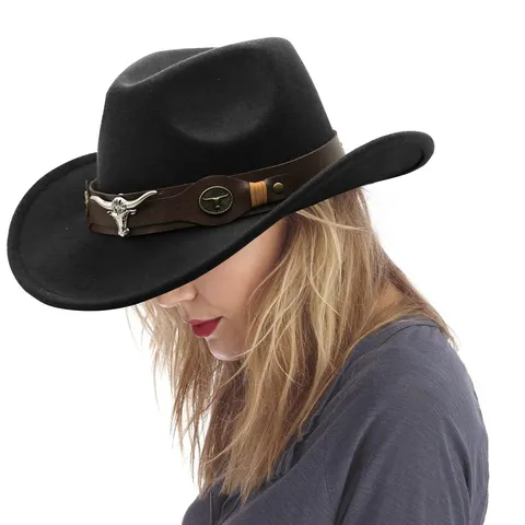 Chapeau de Cowboy Occidental Vintage pour Hommes Femmes Coton Large Bord Fedora Chapeau Jazz Britannique Avec Ceinture Tête de Taureau Plume Décor