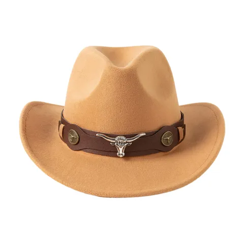 Chapeau de Cowboy Occidental Vintage pour Hommes Femmes Coton Large Bord Fedora Chapeau Jazz Britannique Avec Ceinture Tête de Taureau Plume Décor
