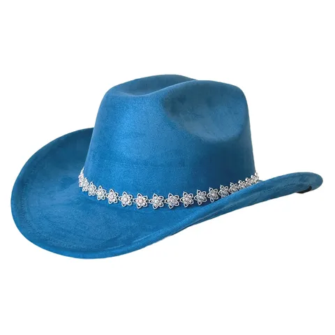 Western Cowboy Hut Wildlederimitat Breite Krempe Fedora Strass Blume Kette Dekoriert Party Musik Festival Hut Für Herren Damen Retro Hut