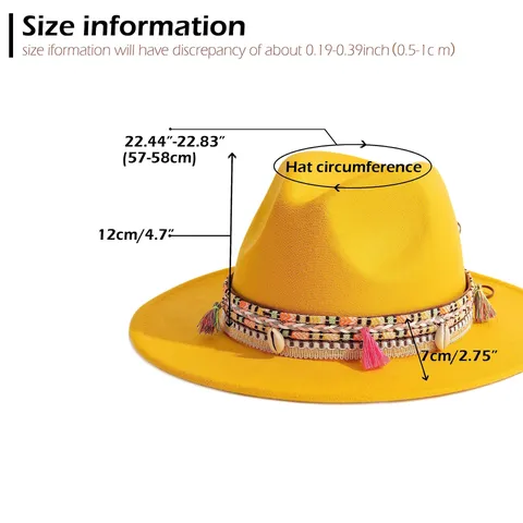Chapeau Feutre Vintage en Coton Polyester à Large Bord pour Femmes Style Britannique Calotte Plate Chapeau de Soleil Avec Ruban Bohème Gland Coquillage Voyage Plage