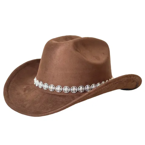 Vintage Polyester Strass Western Cowboy Hut Breite Krempe Einstellbar Wildleder Fedora Kappe Für Hochzeit Outdoor Party Unisex