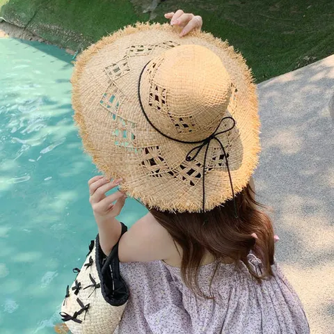 Women's Summer Sun Protection Straw Hat Hollow Out Raffia Beach Sunhat Handmade Large Brim Vacation Casual Hat