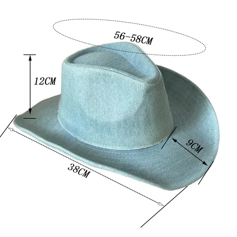 Vintage Denim Wide Brim Cowboy Hat For Men Women Light Blue Solid Color Cotton Sun Protection Western Fedora Hat