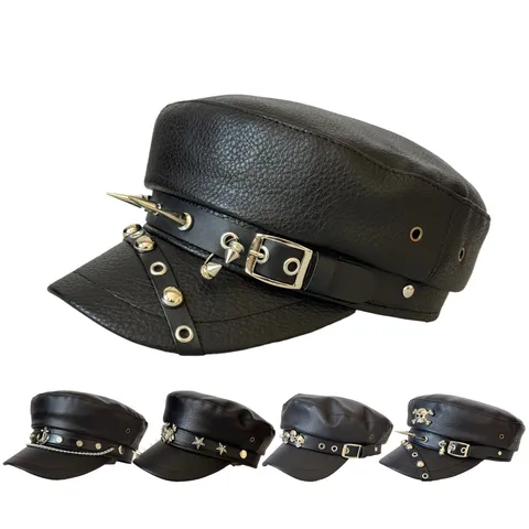 Retro Punk PU Leder Matrozenpet Gothic Schedel Klinknagels Octagonale Pet Dark Streetwear Beret Voor Unisex Dagelijks Feest