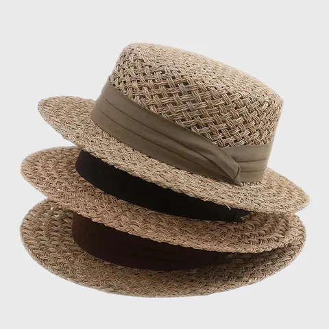 Vintage Women Salty Grass Hand Woven Straw Boater Hat Retro Flat Top Short Brim Summer Beach Sun Protection Ribbon Bow Hat