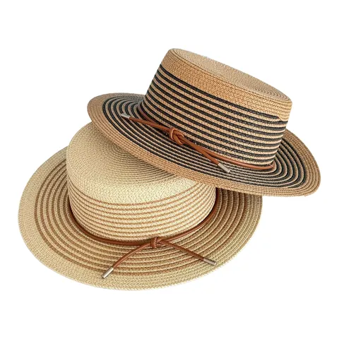 Women Flat Top Paper Straw Hat Color Block Striped Sun Beach Fedora Hat With Leather Cord Casual Summer Sunwear Hat