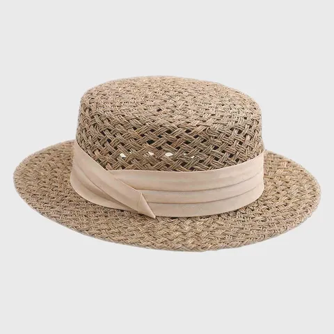 Vintage Women Salty Grass Hand Woven Straw Boater Hat Retro Flat Top Short Brim Summer Beach Sun Protection Ribbon Bow Hat