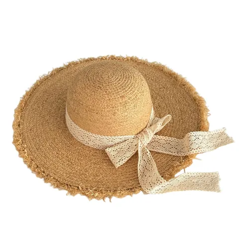 Chapeau de Paille de Raphia à Grand Bord pour Femmes Bord Effiloché Protection Solaire Chapeau de Plage Style Station Balnéaire Calotte Ronde