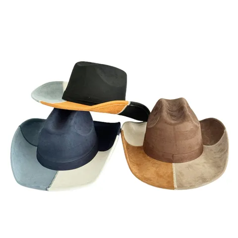 Retro Western Cowboy Hat Color Block Faux Suede Jazz Fedora Hat Wide Brim Panama Sun Hat For Unisex Travel Casual Outdoor
