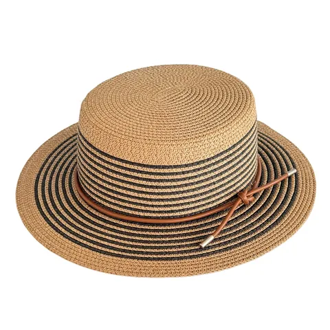 Women Flat Top Paper Straw Hat Color Block Striped Sun Beach Fedora Hat With Leather Cord Casual Summer Sunwear Hat