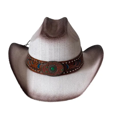 Chapeau de Cowboy Vintage Américain en Paille Bord Large Protection Solaire Tressé en Papier Style Western Avec Bande en Cuir Turquoise Plage Été Mixte