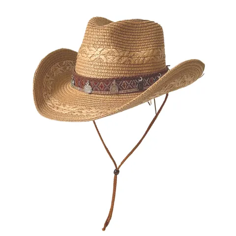 Chapeau de Cowboy Western Vintage en Paille Grand Bord Chapeau de Soleil Avec Cordon Réglable Pour Plage Voyage Protection
