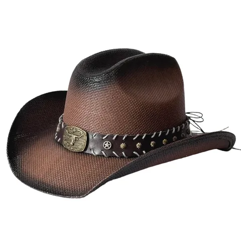 Chapeau de Paille de Papier Cowboy Occidental Vintage Dégradé Bord Large Chapeau de Soleil Avec Bande en Cuir Tête de Taureau Unisexe