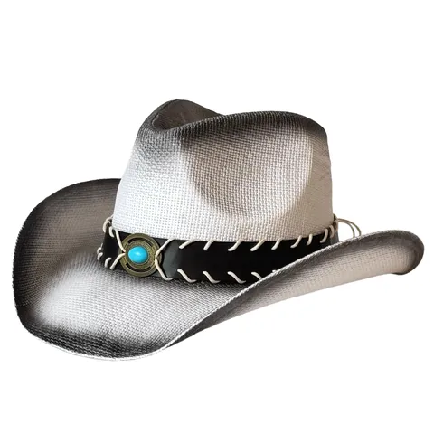 American Western Cowboy Straw Hat Wide Curved Brim Paper Straw Sun Protection Beach Hat Vintage Fedora With Leather Band Turquoise Accent For Adults