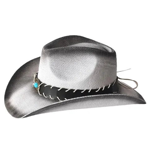 American Western Cowboy Straw Hat Wide Curved Brim Paper Straw Sun Protection Beach Hat Vintage Fedora With Leather Band Turquoise Accent For Adults