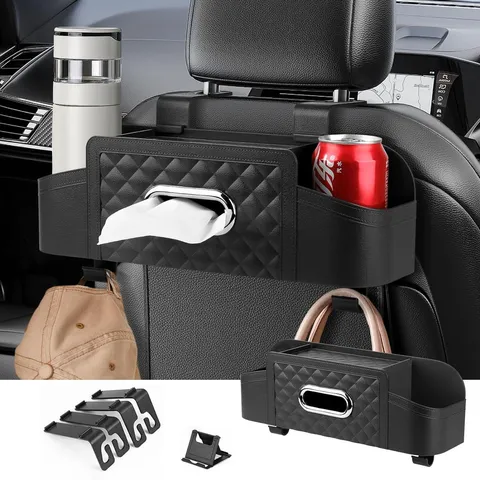 Auto Sitzlehne Aufbewahrungsbox Gestepptes Leder Auto Organizer Taschentuchhalter Mit Haken Universelles Zubehör
