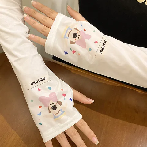 Ice Silk Sun Protection Arm Sleeves Cute Cartoon Dog Print UV Protection Cooling Sleeves For Women Summer Outdoor