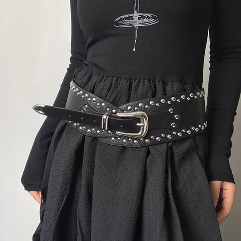 American Western Vintage Wide PU Leather Belt Women Heavy Industry Metal Rivet Punk Waistband Fashion Casual Dress Belt