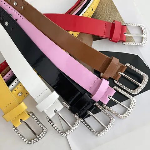 Women Fashion PU Leather Belt Rhinestone Square Buckle Heart Cutout Casual Waist Belt For Jeans Accessories