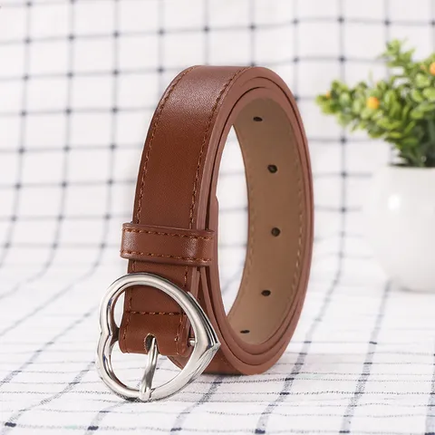 Women Fashion Casual PU Leather Belt Heart Shaped Metal Pin Buckle Solid Color Waistband For Jeans Dresses