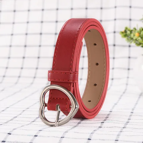 Women Fashion Casual PU Leather Belt Heart Shaped Metal Pin Buckle Solid Color Waistband For Jeans Dresses