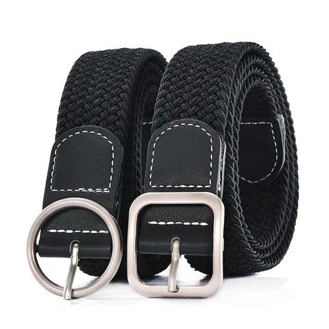 Womens Elastic Woven Belt Casual Stretch Braided Waistband With Metal Buckle PU Leather Trim Daily Accessories