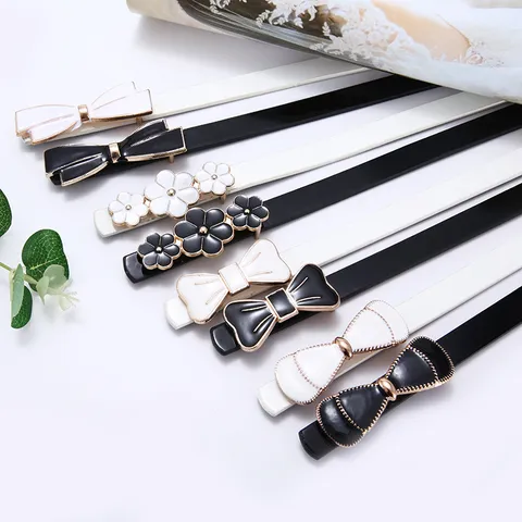 Women Fashion PU Leather Thin Waist Belt Elegant Floral Bow Rhinestone Buckle Dress Strap Versatile Decorative Waistband