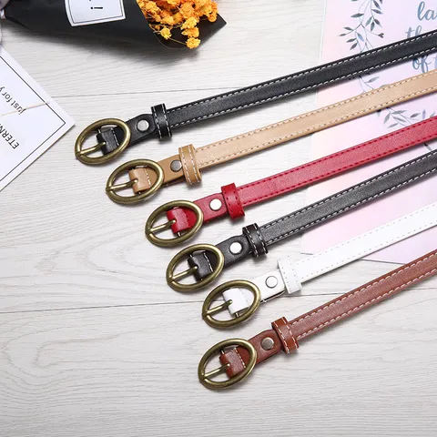 Women's Slim PU Leather Belt Retro Oval Golden Pin Stitching Casual Versatile Waist Strap Fashion Accessories